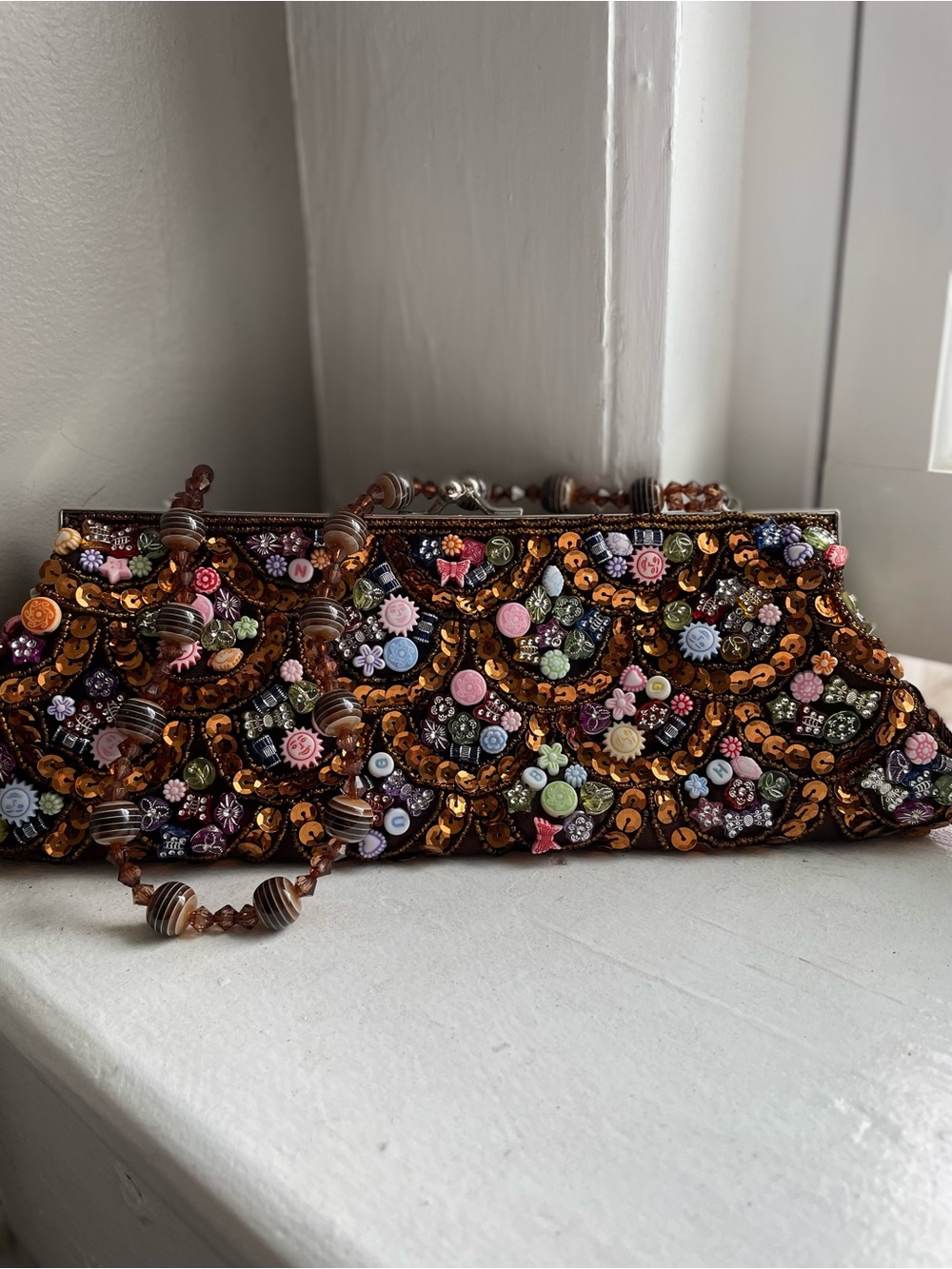 Women’s Small Brown Satin Floral Beaded Sequin Kiss-Lock Clutch w/ Strap Lined